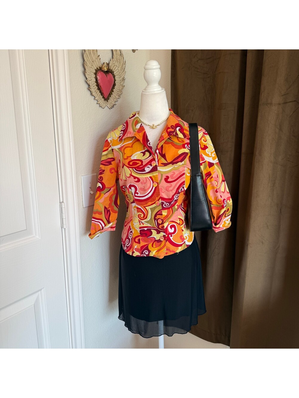 Sharon Young Vintage 1970s Style Multicolor Cotton Blend Button-Up Shirt Size 8